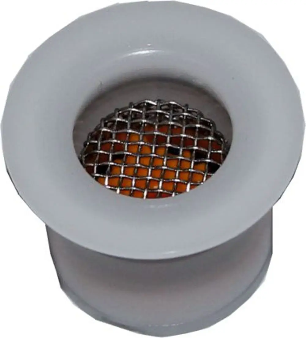 Durchflussmengenregler von Wolf mit einem Gittereinsatz in der Mitte, um den Wasserfluss zu regulieren. Farbton orange, montierbar in entsprechende Systeme.